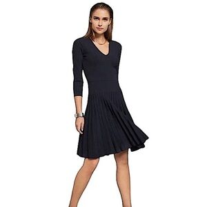 NWT The Fold Black Malvern Rib Knit Dress Flare V Neck Pleated Workwear L 10/12